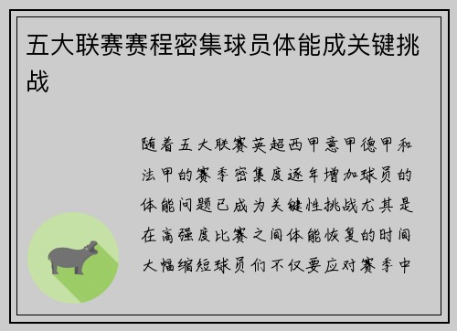 五大联赛赛程密集球员体能成关键挑战